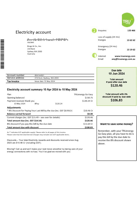 Australia Tru Energy electricity business utility bill template in Word and PDF format